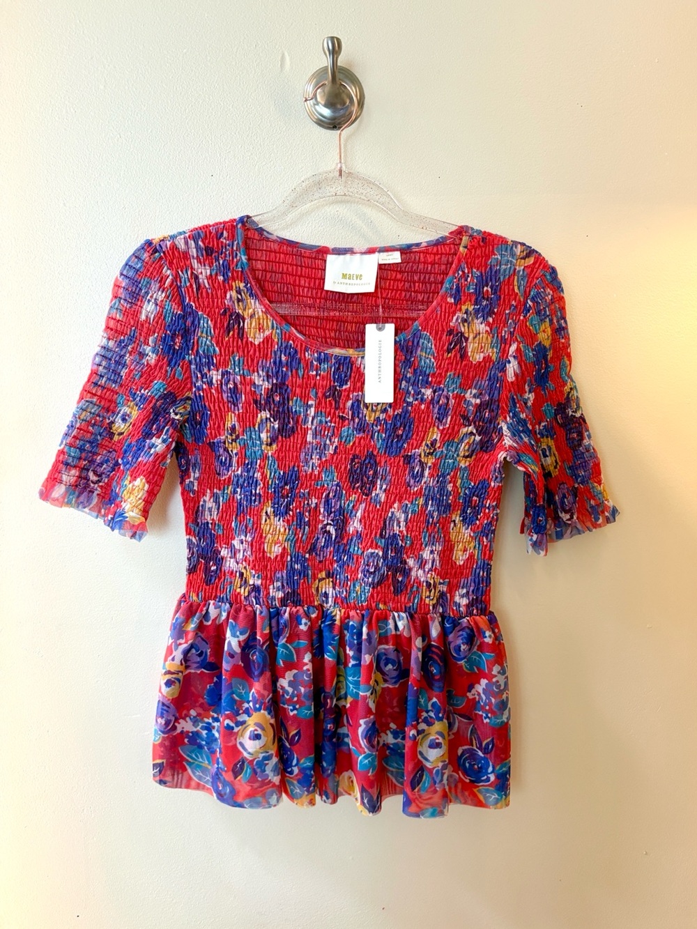 NEW Anthropologie Maeve Red Floral Smocked Peplum Red Blue Crop Top Small